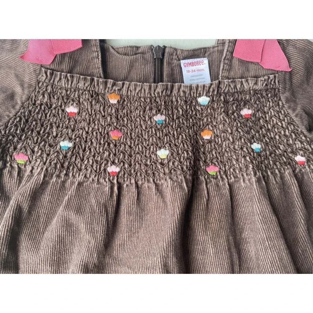 Gymboree Vintage 2007 Girls Brown Corduroy Smocked Cupcake Dress 18-24 Mos